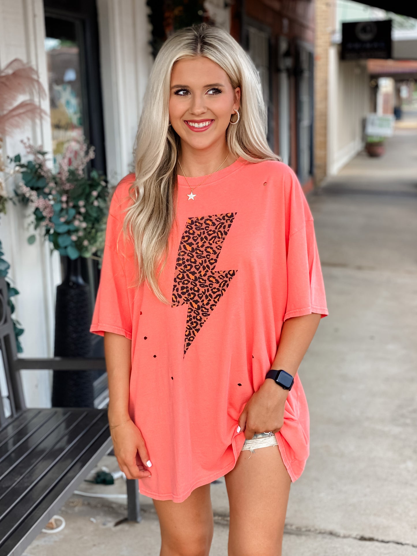 Destroyed Leopard Lightning Bolt Tee CORAL
