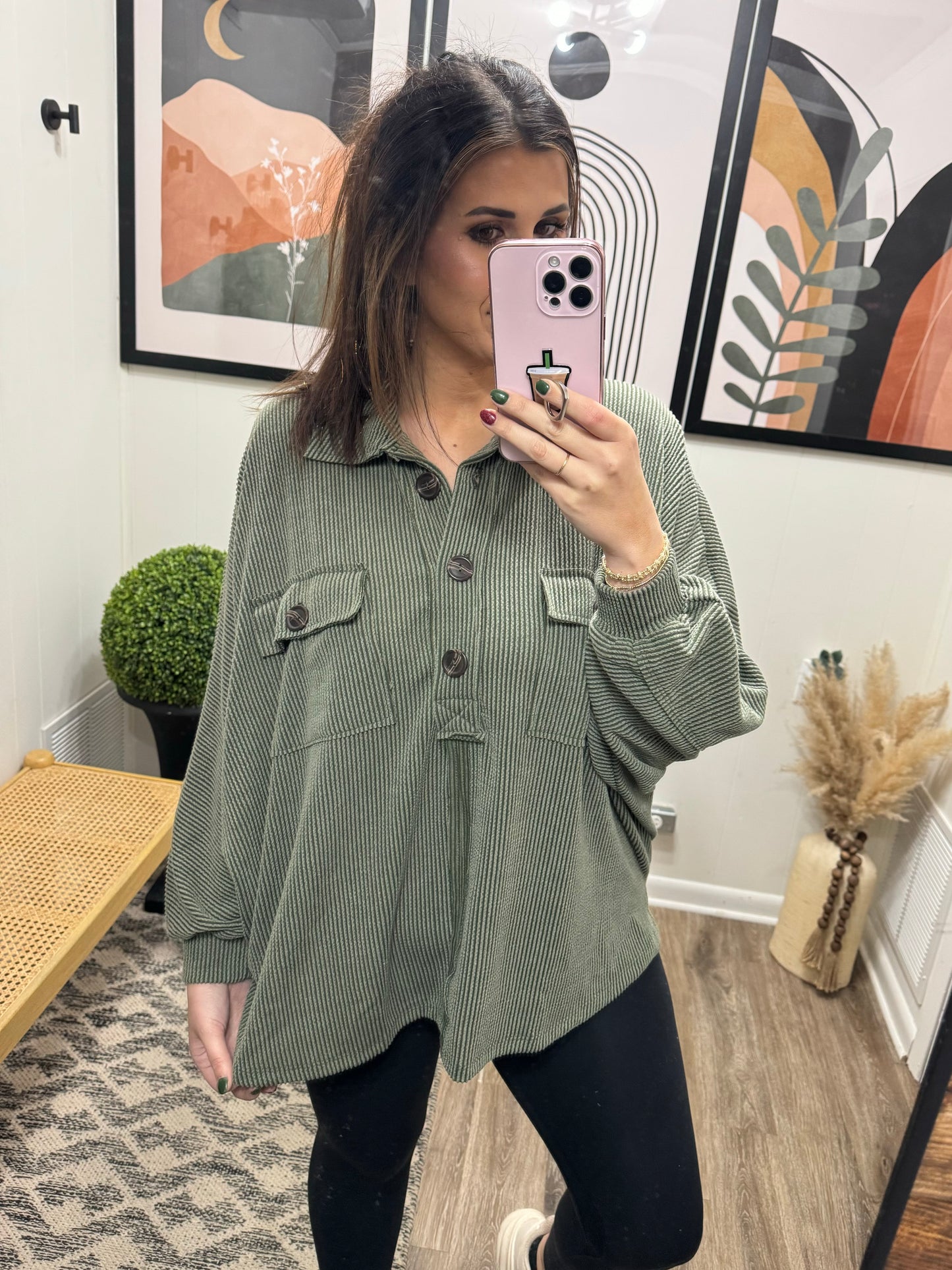 Try To Resist Button Pullover OLIVE